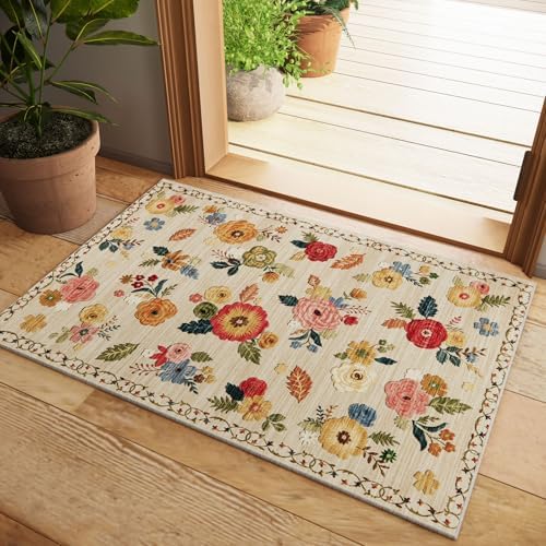 Washable Small Area Rug for Entryway: 2x3 Throw Rugs Non Slip Floral Carpet