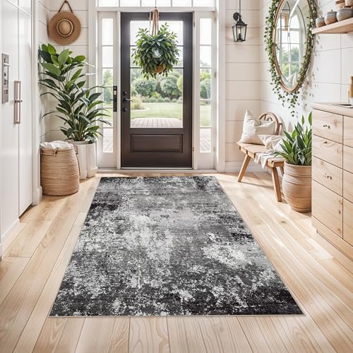 4x5 Washable Entryway Rug – Non-Slip Low Pile Throw Area Rug for Bathroom Kitchen Living Room Bedroom – Modern Abstract Neutral Soft Indoor Small Carpet (Black Grey,4x5)