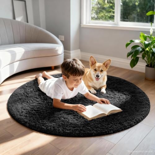 Ophanie Round Rug 4Ft Black Circle Area Rug, Room Decor for Men, Fluffy Fuzzy Bedroom Carpet, Plush Soft Shaggy Living Room Rugs for Kids Home Aesthetic, Nursery with 99 pcs Pile fibers