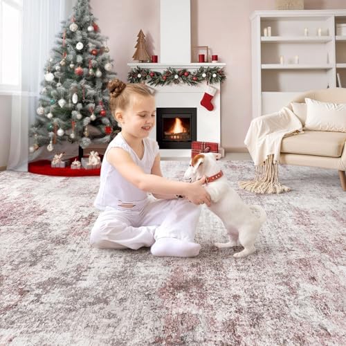 UERMEI 5x7 Washable Area Rug - Neutral Modern Abstract Living Room Rugs, Non-Slip Soft Large Indoor Floor Carpet for Bedroom Home Office & Under Dining Table Decor, Pink Grey