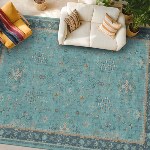 Boho 8x10 Large Teal Green Rugs for Living Room - Vibrant Turquoise Rug for Bedroom under Bed, Dining Room under Kitchen Table, Washable Soft Non Slip Unique Aqua Colorful Indoor Décor teal area rug