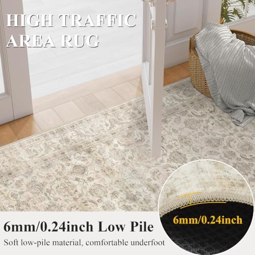 JOOJA 10x14 Large Beige Vintage Low Pile Non Slip Washable Neutral Area Rug