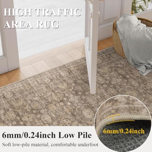 JOOJA 4x4 Tan Vintage Soft Low Pile Washable Boho Small Round Kitchen Rug