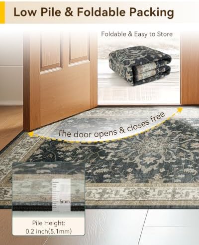 RELEANY Washable Area Rug, Runner 2'6"x12', Black/Vintage/Beige