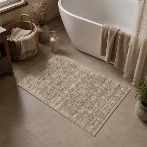 JOOJA 2x3 Neutral Tan Vintage Soft Low Pile Washable Boho Entryway Rug