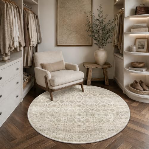 JOOJA 5x5 Beige Vintage Soft Low Pile Washable Boho Round Living Room Rug