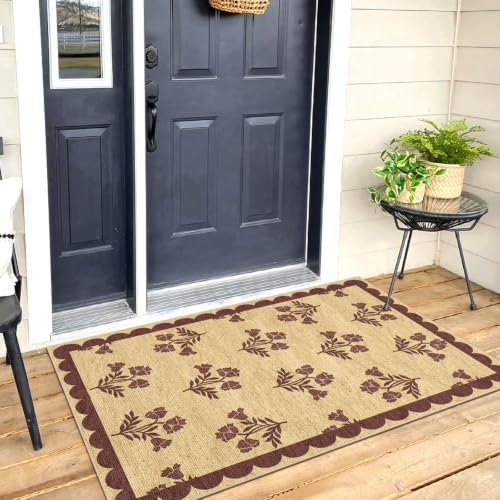 Floral Entry Rug - 28" x 43" Front Door Mat Indoor Outside Entrance Non-Slip Washable Outdoor Mat Jute-Look Burgundy Scalloped Rug for Entryway Kitchen Mudroom Layered Doormat for Front Porch