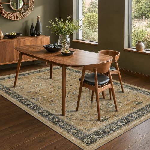 Hazo Haus Rustic Brown and Charcoal Olive Area Rug 5x7 for Living Room - Machine Washable Rugs for Dining Room, Kitchen Floor, Small Office, Low Pile Non-Slip Rubber Backing & Stain Resistant