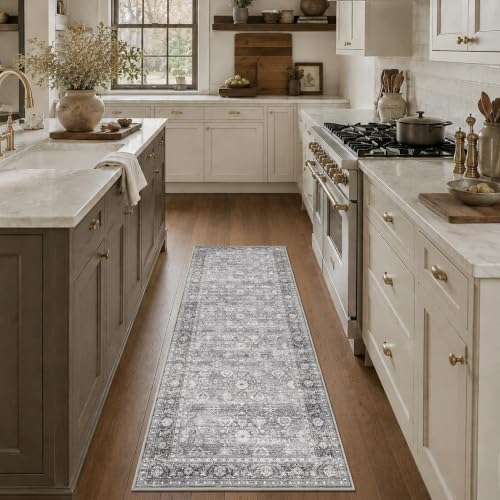 JOOJA 2x6 Grey Vintage Soft Low Pile Non Slip Washable Boho Runner Rug