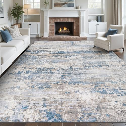 pmtsns Area Rugs 10x14 Living Room: Washable Rug Modern Abstract Neutral Soft Non-Slip Low-Pile Indoor Large Carpet for Bedroom Dining Room Playroom Home Office (Light Blue Brown, 10'x14')