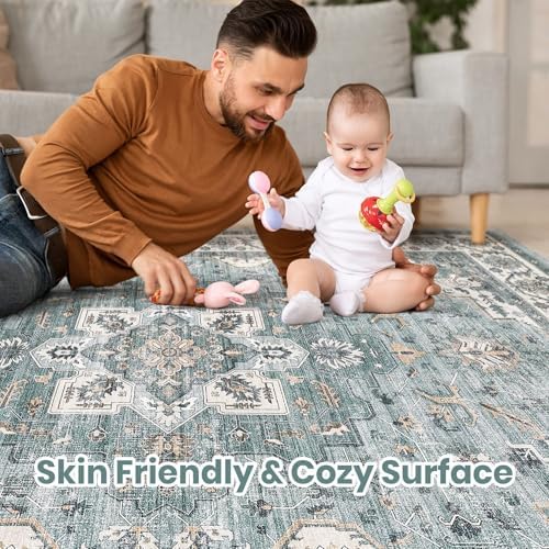 cotiled 10x12 Area Rug for Living Room, Washable, Traditional, Denim Blue