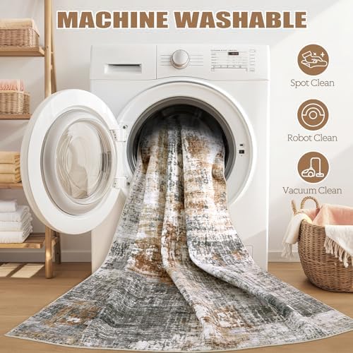 DMOYEST Washable Area Rug: 3x5 ft Abstract Small Rugs for Entryway Kitchen Living Room Bedroom - Non Slip Modern Neutral Carpet Indoor Front Door - Grey Brown
