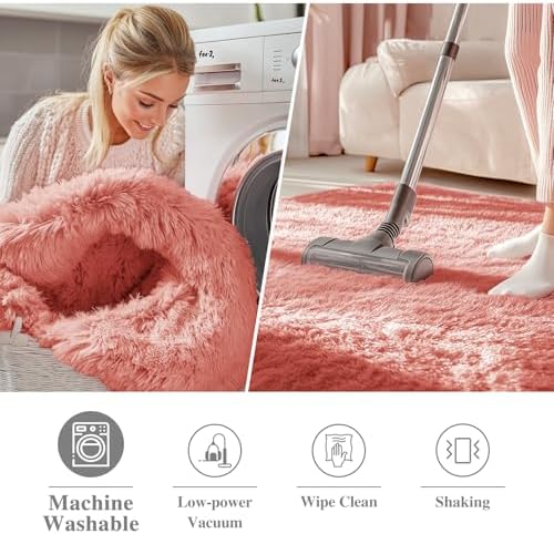 OLANLY Rust Red Round Rugs for Bedroom - Machine Washable, 4 ft Circle Area Rugs for Living Room, Soft and Fluffy Shaggy Carpet for Teen Girl and Boys, Nursery Rooms, Dorms, Home Decor Aesthetic