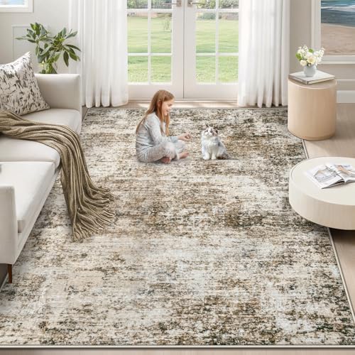 XLUEZ 5x7 Area Rugs for Living Room, Washable Modern Abstract Large Area Rug Neutral Soft Non Slip Kids Rug Stain Resistant Indoor Carpet for Bedroom Nursery Dining Room Playroom(Brown, 5'x7')