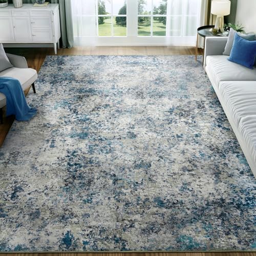 Washable Area Rug for Living Room: 5x7 Modern Abstract Neutral Soft Rug for Bedroom Dining Room No Slip Low Pile Carpet for Nursery Home Office - Grey/Blue