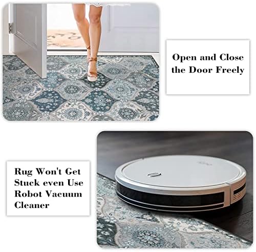 Lahome Moroccan Trellis Round Rug, 5ft, Blue, Faux Wool, Machine Wash, Non-Slip Backing, Low Pile, Floral Pattern, Area Rug for Bedroom, Living Room, Bathroom