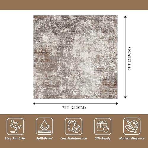 7x7 Area Rug Square Washable – Non-Slip Soft Indoor Carpet for Dining Room Living Room Kitchen Bedroom – Modern Abstract Neutral Low-Pile Accent Rug (Brown Beige, 7x7)