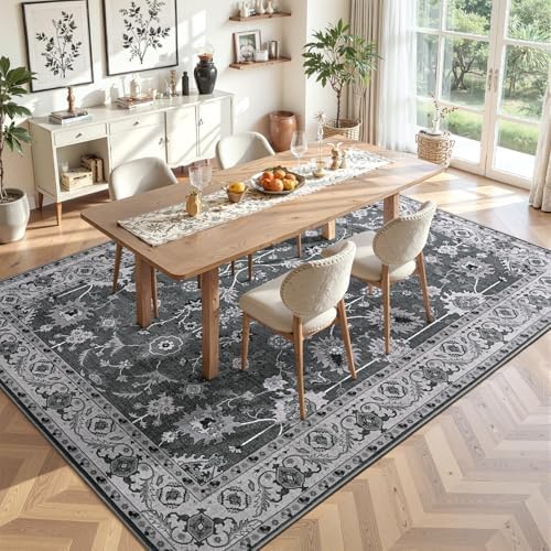 Hanples 5x7 Area Rugs for Living Room, Washable Rug Vintage Floral, Black