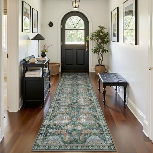 2x10 Hallway Runner Rug, Washable Vintage Retro Long Runner Rugs for Kitchen Laundry, Soft Ultra Thin Non Slip Low Pile Traditional Area Carpet for Bedroom Bathroom Indoor, Green