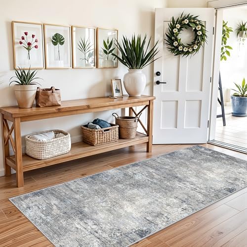 3x7 Kitchen Runner Rug – Washable Non-Slip Modern Abstract Neutral Carpet for Hallway, Entryway, Bedroom, Bathroom – Low-Pile Thin Stain-Resistant Wide Floor Runner (Blue Grey,3x7)