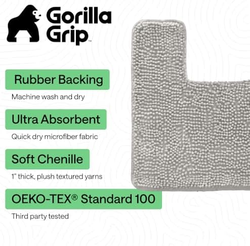 GORILLA GRIP Chenille Bath Rug Mat for Square Toilet Base, 24x19 Light Gray