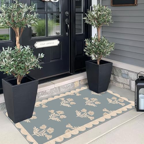 Front Door Mat Indoor Entrance - 2x4.3 Ft Floral Washable Layered Doormat Outdoor Entrance Porch Rug Non-Slip Blue Retro Farmhouse Runner Rug for Kitchen Bedroom Laundry Room Porch Decor