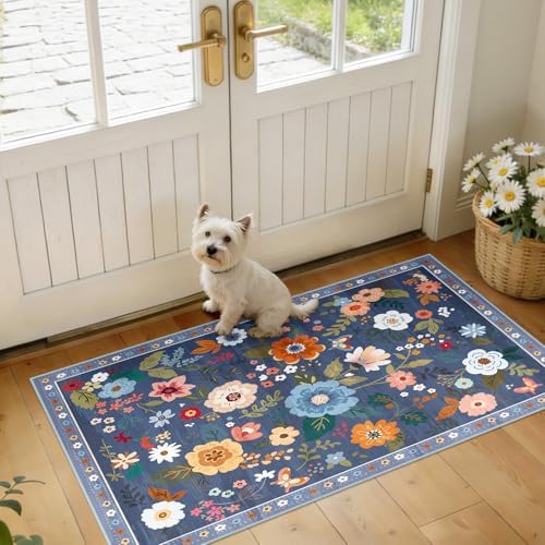 Floral Washable 2x4 Area Rugs Runner Entryway Hallway Blue/Grey