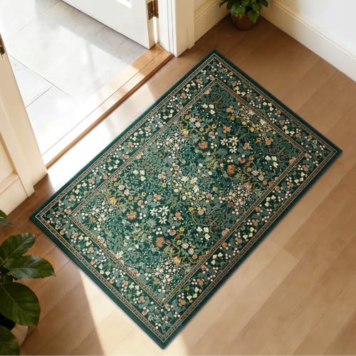 Amada Floral Washable Area Rug,2'x3',Dark Green
