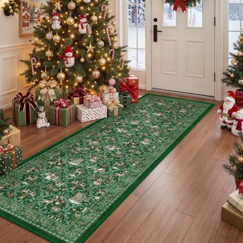 2x6 Christmas Runner Rug for Hallway,Washable Kitchen Rugs,Green