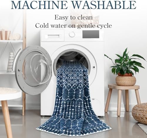 Lahome Moroccan Runner Rugs for Hallway 2x4 Bathroom Rugs Non-Slip Small Throw Kitchen Carpet Low-Pile Mat for Entryway Laundry Room Mat Geometric Indoor Carpert for Entrance Bath Hana, Blue