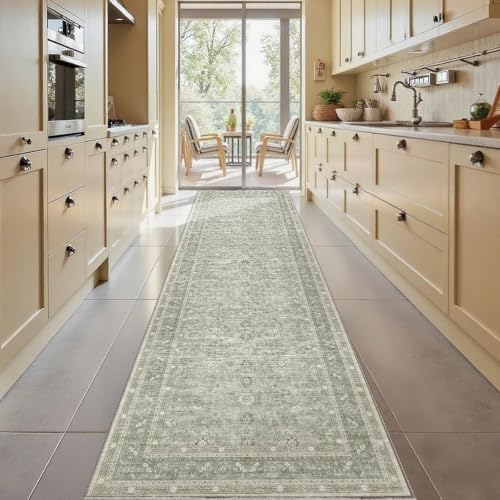 OPPODREAM Vintage Light Green Area Rugs 3x10, Washable Rug for Living Room