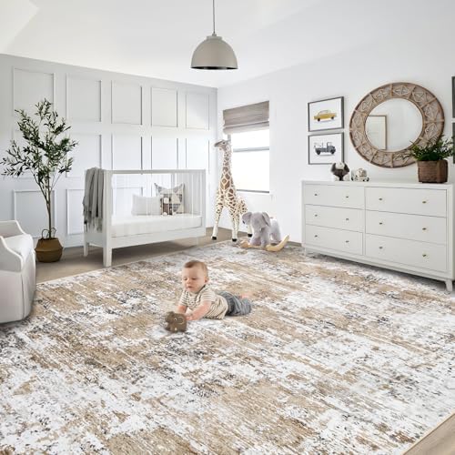 XLUEZ 9x12 Area Rug for Living Room, Washable Modern Abstract Large Area Rug Neutral Soft Non Slip Kids Rug Stain Resistant Indoor Carpet for Bedroom Dining Room Playroom Office(Beige, 9'x12')