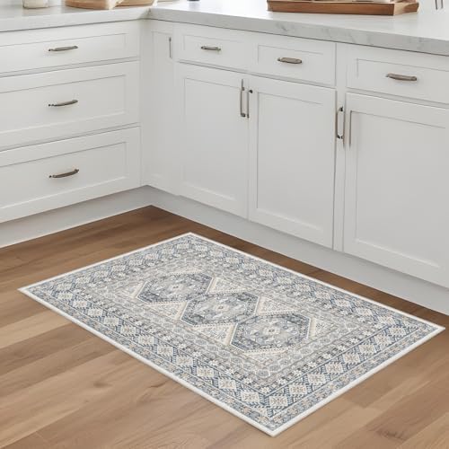 2x3 Area Rug Washable Vintage: Non Slip Throw Rugs for Entryway Floor Blue