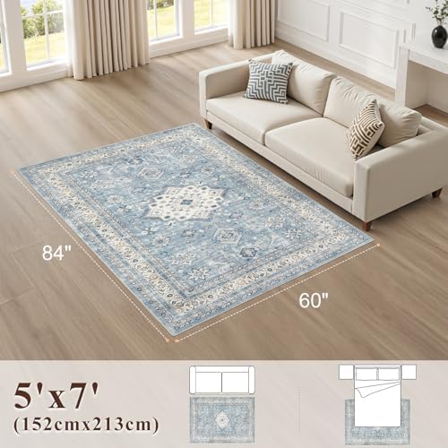 cotiled 5x7 Area Rug for Living Room, Washable, Traditional, Blue