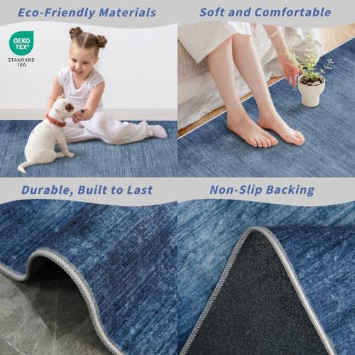 8x8 ft Square Living Room Rug - Washable Modern Neutral Abstract Area Rug for Bedroom, Dining Room, Kitchen Non-Slip Soft Low-Pile Indoor Floor Carpet (Navy Blue, 8x8)