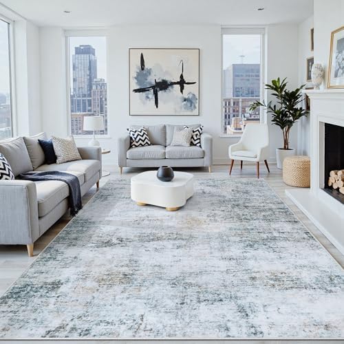 6x9 Washable Area Rug for Living Room Bedroom: Non-Slip Modern Blue Grey