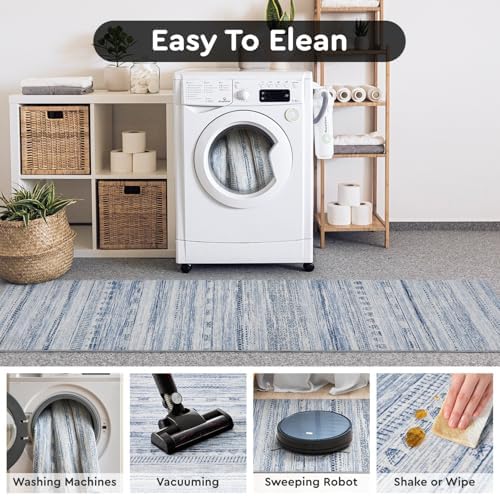 2x8 Runner Rug Machine Washable Non Slip Area Rug Distressed Neutral Moroccan Boho Rug Ultra Soft Floor Runners for Hallways for Entryway Laundry Room Kitchen, Blue