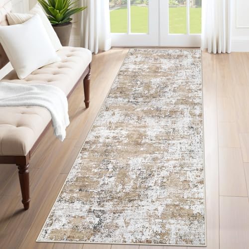 XLUEZ 2x8 Runner Rug for Hallway, Washable Modern Abstract Runner Rugs Neutral Soft Non Slip Kids Rug Stain Resistant Indoor Runners for Hallways Entryway Bedroom Kitchen Laundry Room(Beige, 2'x8')