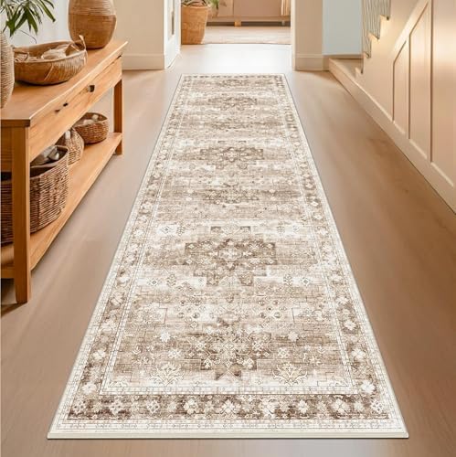 Beige Washable 2'6"x10' Extra Long Runner Rugs for Hallways, Non Slip Indoor Floor Mats for Entryway, Stain Resistant Long Floor Rug, Neutral Boho Floral Decor (2'6"x10' Beige/Latte)
