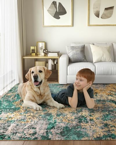 Washable Area Rug for Living Room: 10X14 Modern Abstract Neutral Soft Rug for Bedroom Dining Room No Slip Low Pile Carpet for Nursery Home Office - Teal/Orange