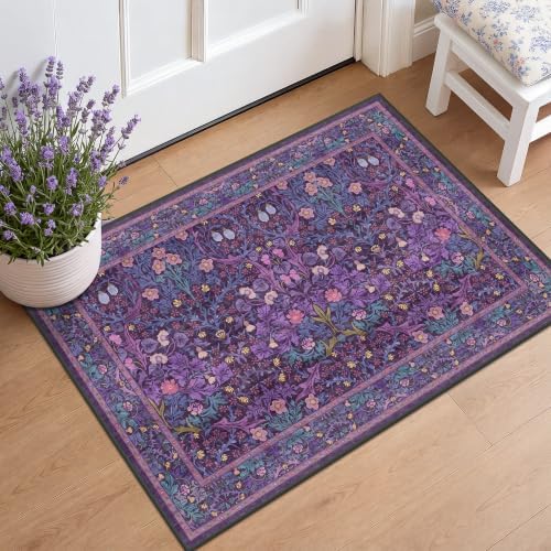 Washable Small Purple Rug 2x3 for Entryway Non Slip, Bohemian Throw Rug for Bathroom, Front Door Indoor, Mudroom, Kitchen, Vintage Plum Floral Décor, Stain & Fade Resistant