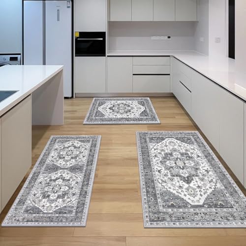 HEBE Boho Kitchen Rugs Set of 3, Non Slip Washable Kitchen Mats for Floor
