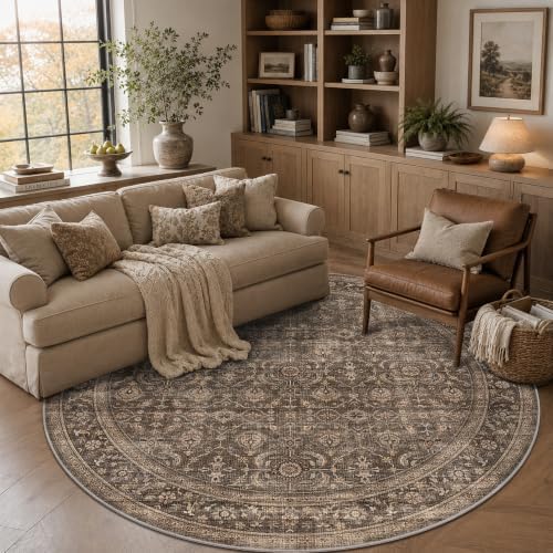 JOOJA 7x7 Dark Brown Vintage Low Pile Washable Boho Round Living Room Rug