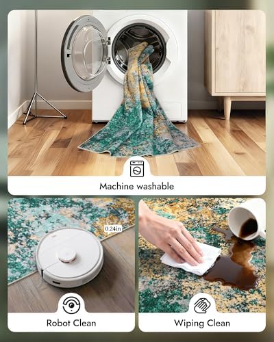 Washable Area Rug for Living Room: 10X14 Modern Abstract Neutral Soft Rug for Bedroom Dining Room No Slip Low Pile Carpet for Nursery Home Office - Teal/Orange