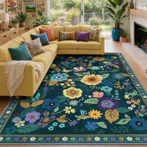 RELEANY Floral Washable 8x10 Area Rugs Teal/Purple