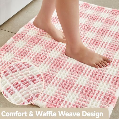 TYUU Waffle Bath Mat, Small Cute Bathroom Rug Non Slip, 24x16 Pink & White