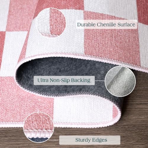 Front Door Mat Indoor Entrance, 2x4.3 Cute Pink White Checkered Rug