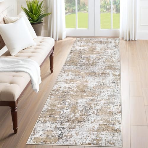 XLUEZ 2x7 Runner Rug for Hallway, Washable Modern Abstract Runner Rugs Neutral Soft Non Slip Kids Rug Stain Resistant Indoor Runners for Hallways Entryway Bedroom Kitchen Laundry Room(Beige, 2'x7')