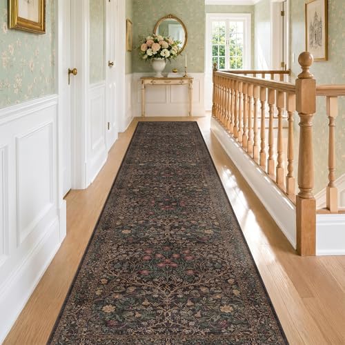 Washable Boho 3x16 Long Runner Rug for Hallway Non Slip, Ultra Thin Large Kitchen Indoor Floor Rugs for Entryway Hall Way, Stain Resistant Low Pile Vintage Brown Floral Carpet