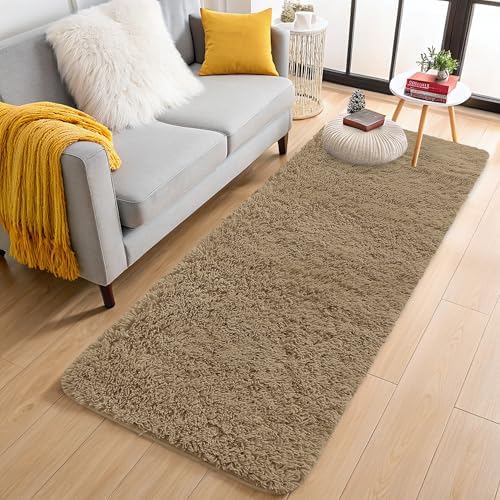 OLANLY 2x6 Machine Washable Runner Rugs for Hallway, Soft Fluffy Shaggy Bedside Rugs for Bedroom, Living Room, Indoor Floor Carpet for Kids Girls and Boys, Home Decor Aesthetic, Taupe